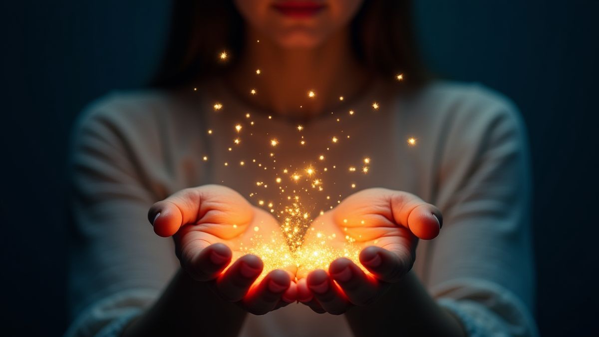 Une génie tenant des étoiles brillantes dans ses mains.