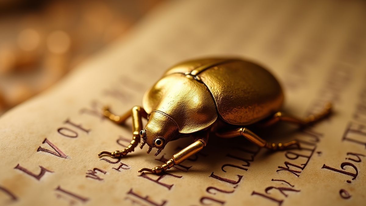 Golden scarab on a parchment with Egyptian hieroglyphics.