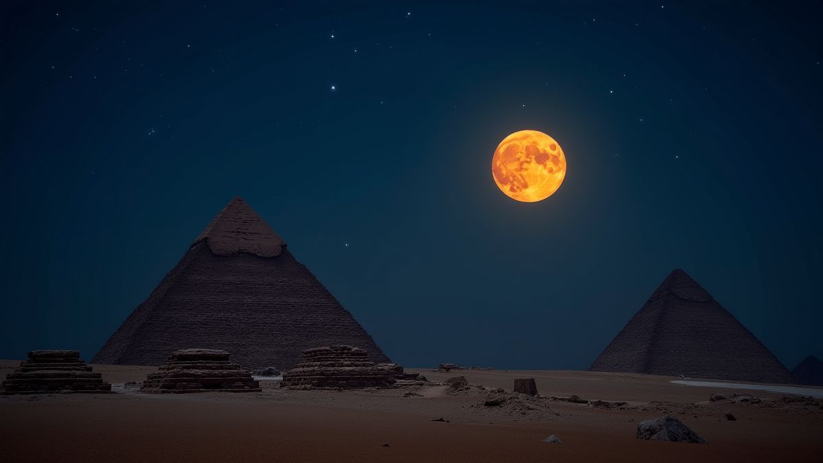 Night view of the pyramids with a glowing full moon and stars.