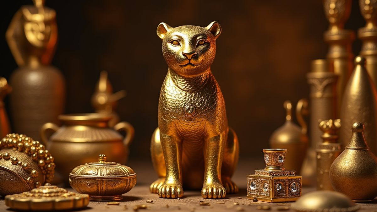 Una estatua de jaguar dorado rodeada de tesoros egipcios antiguos.
