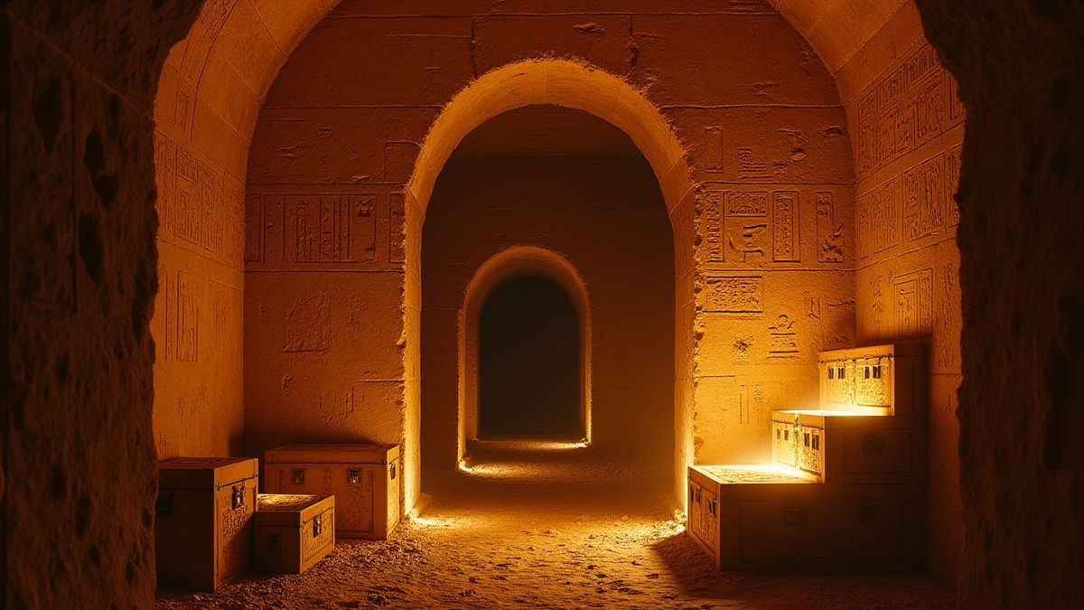 Een tombe in Egypte met schitterende hiërogliefen en schatkisten.