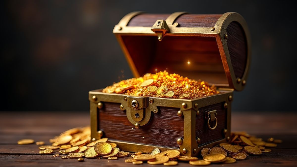 Een schatkist die open gaat met gouden munten en schitterende edelstenen erin.