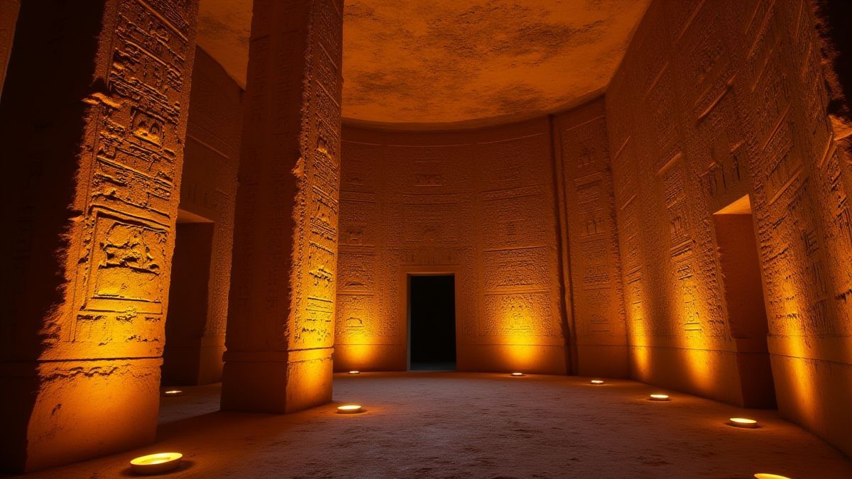 Una tumba egipcia antigua con jeroglíficos brillantes en las paredes.