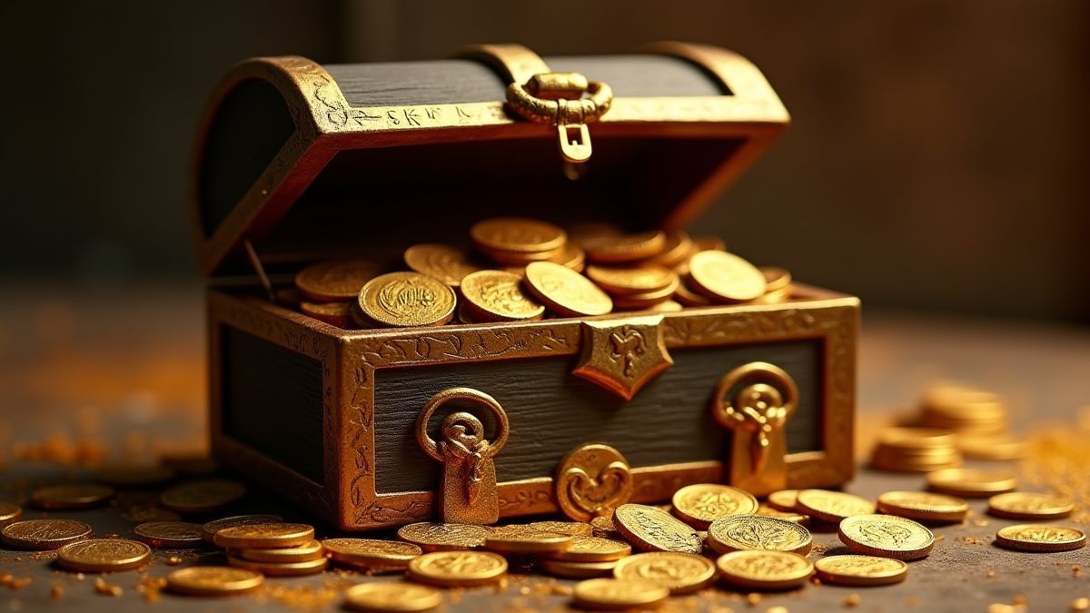 Un cofre del tesoro lleno de monedas de oro y artefactos egipcios.