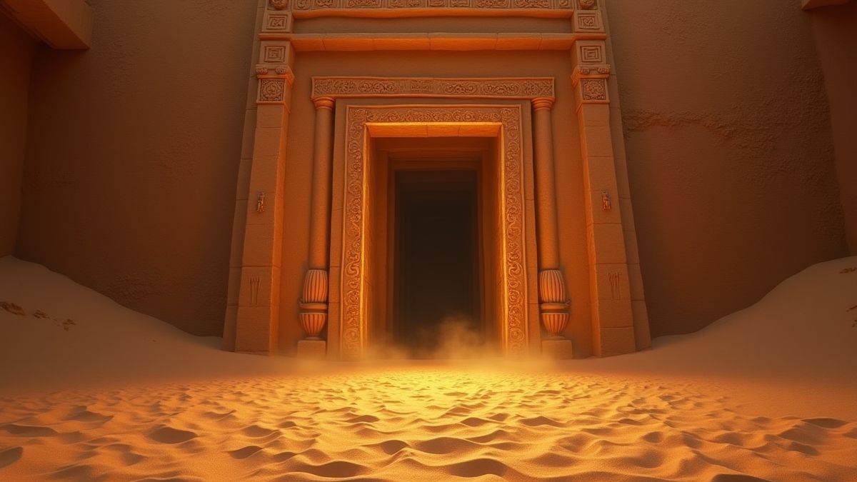 Entrada a una tumba egipcia rodeada de arena del desierto.