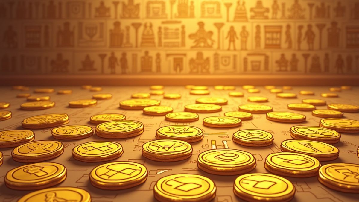 Monedas doradas sobre una mesa con jeroglíficos egipcios al fondo.