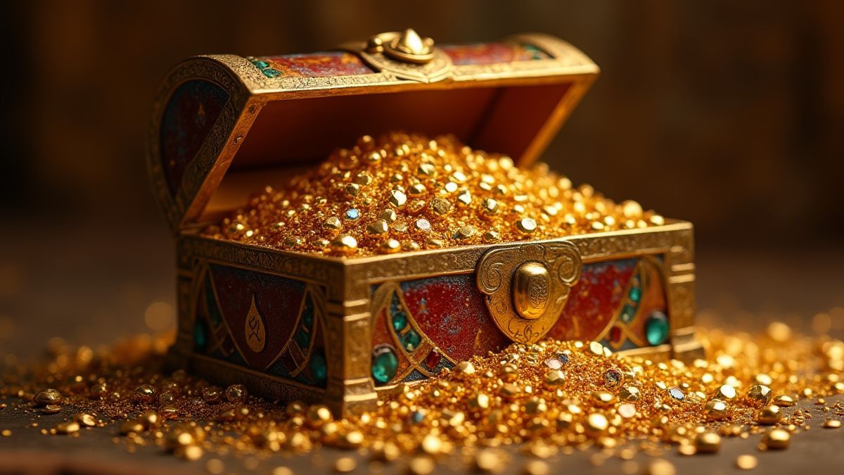Un cofre del tesoro egipcio lleno de oro y joyas.