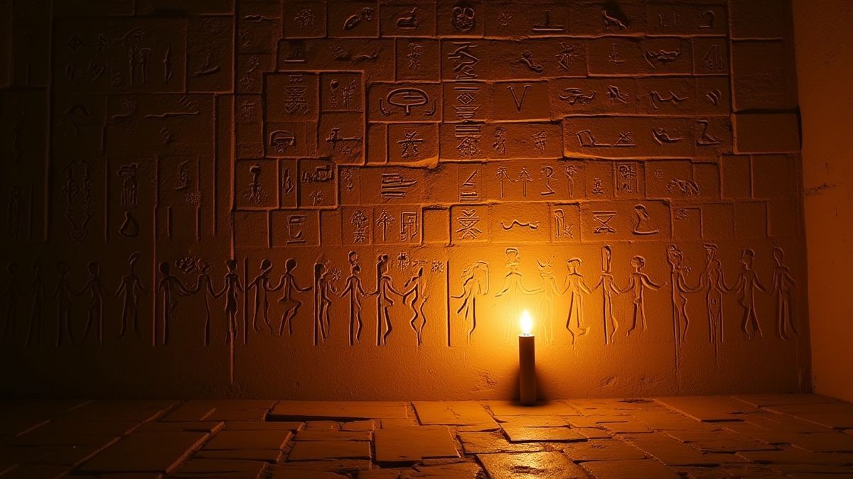 Ägyptische Hieroglyphen, beleuchtet von einem Fackellicht.