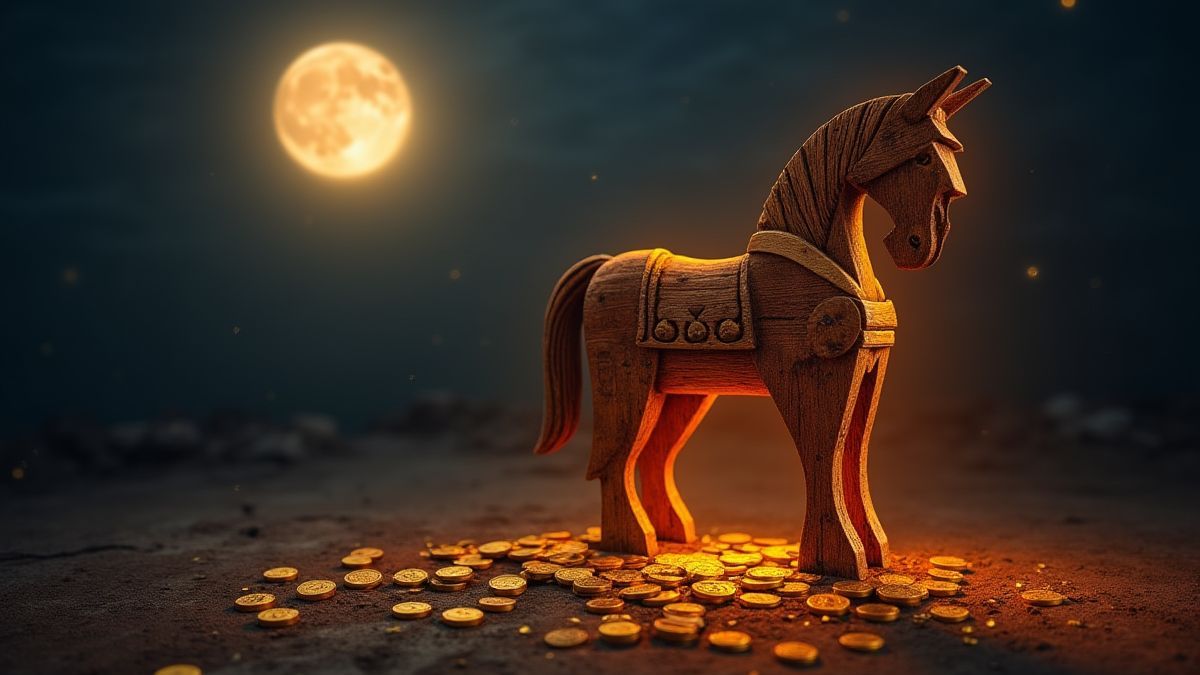 Caballo de Troya iluminado por la luna rodeado de monedas doradas.