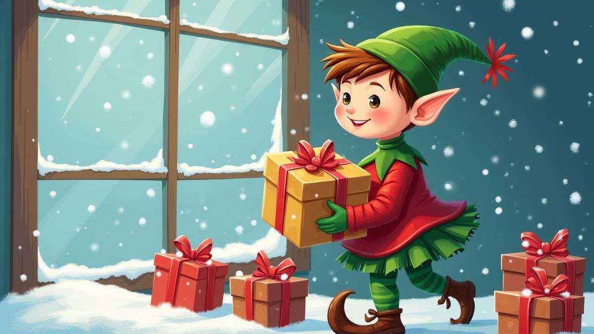Ein fröhlicher Elf mit eingepackten Geschenken in der Nähe eines verschneiten Fensters.