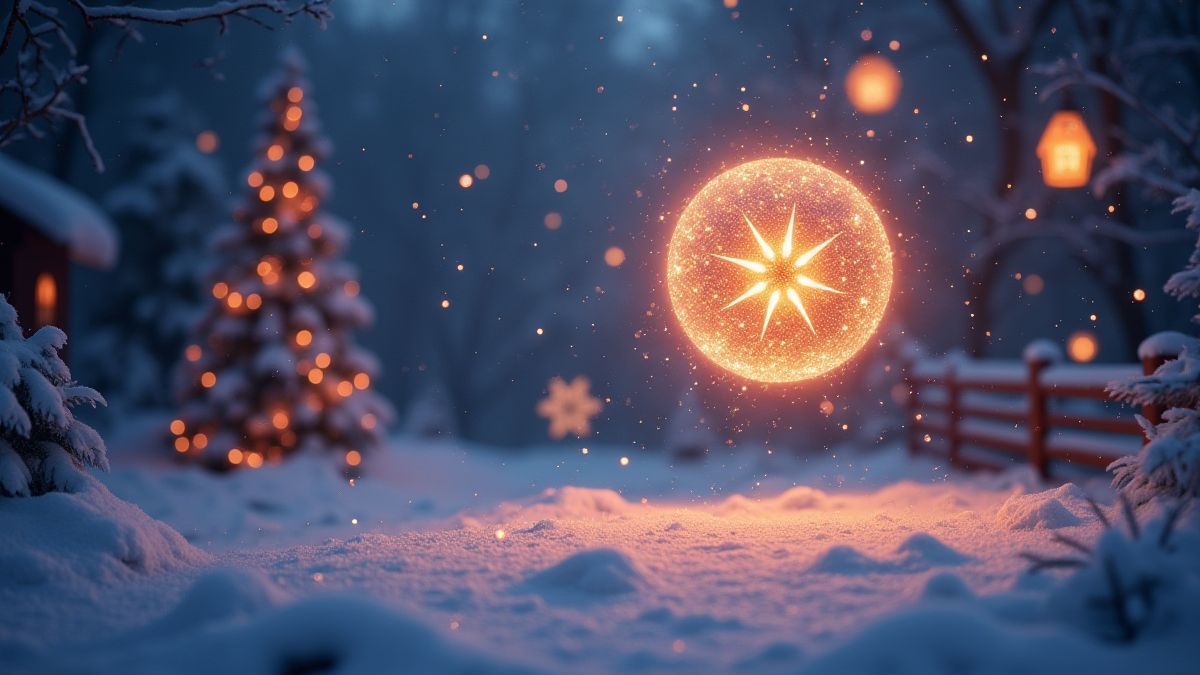 Leuchtende Scatter-Symbole, die über einer verschneiten Weihnachtslandschaft schweben.