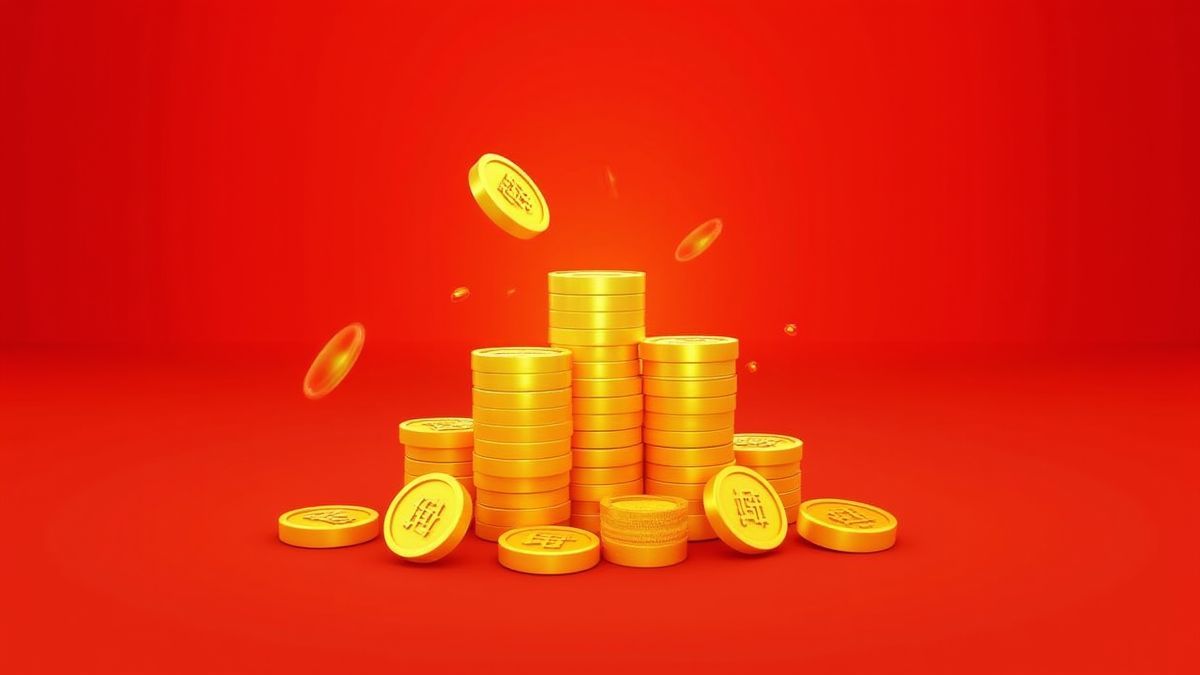 Gouden munten en traditionele Chinese symbolen op een levendige rode achtergrond.