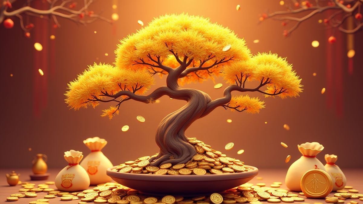 Een gouden bonsai omringd door munten en schatkisten.