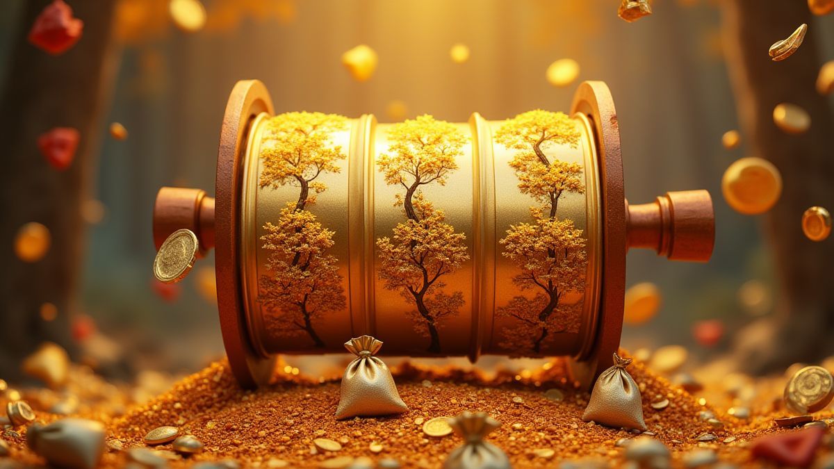 Draairollen met gouden bomen en geldzakken.