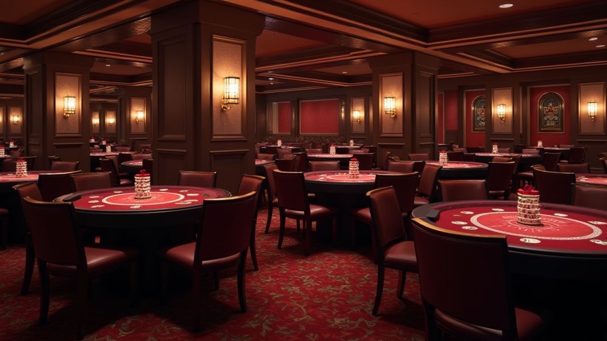 Entorno de casino con mesas elegantes y luces suaves
