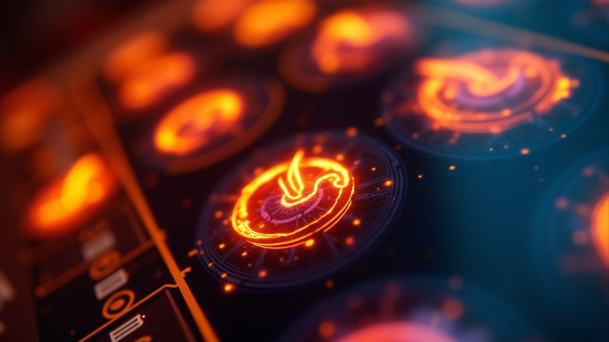 Interface de machine à sous avec des symboles de feu et des effets lumineux.