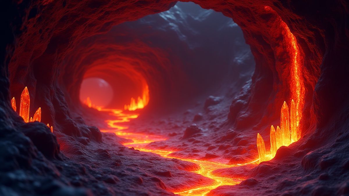 Une caverne animée avec de la lave brûlante et des cristaux brillants.