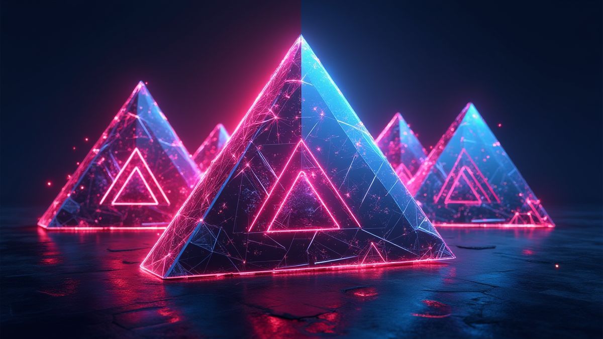 Futuristisches geometrisches Design mit leuchtenden Dreiecken und Neonlichtern.