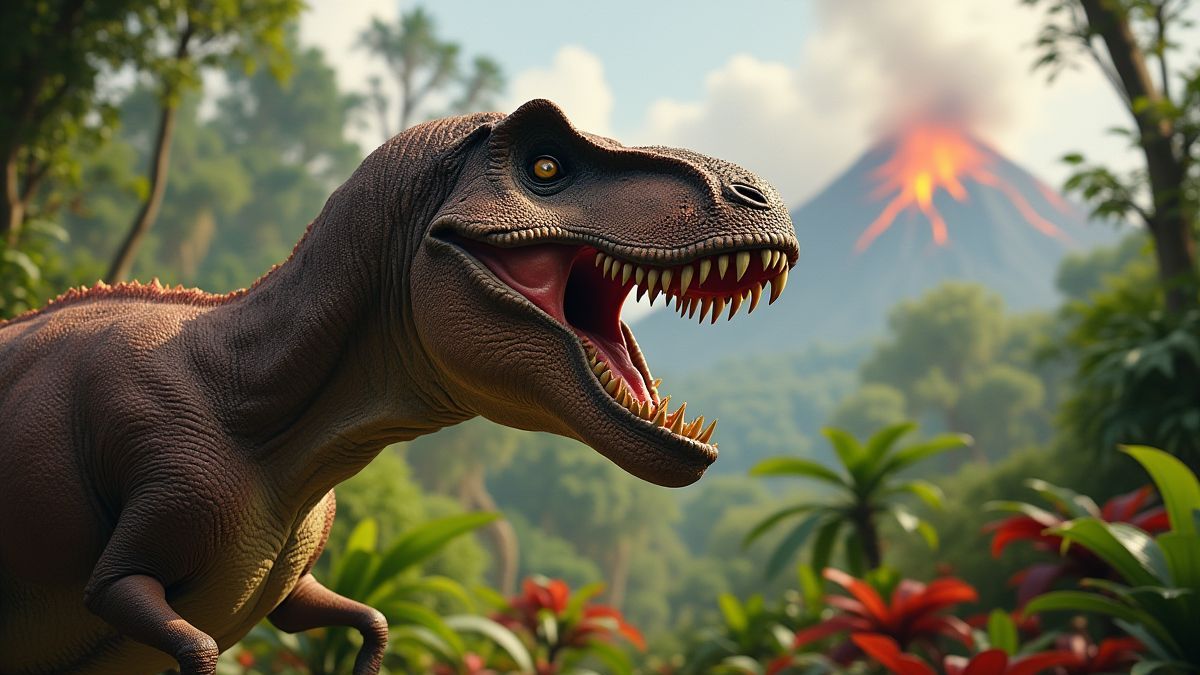 Un T-Rex rugissant dans une jungle préhistorique.