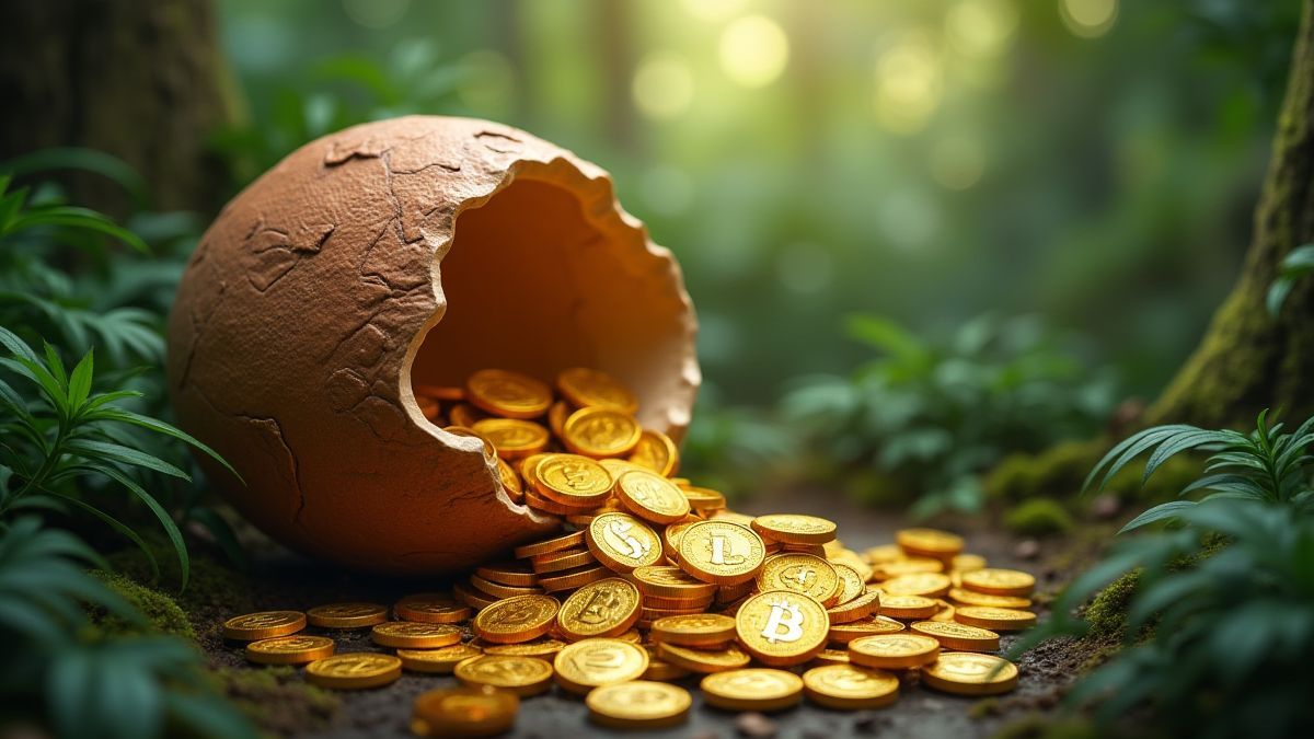 Des pièces d'or sortant d'un œuf de dinosaure.