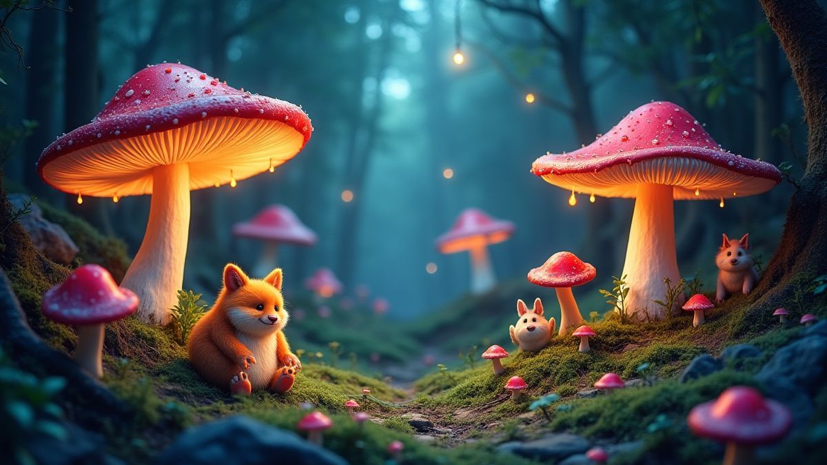 Un bois magique avec des créatures et des éléments lumineux.