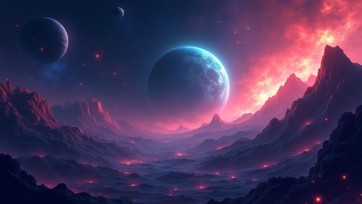 Kosmischer Hintergrund mit leuchtenden Planeten und Alien-Kreaturen.