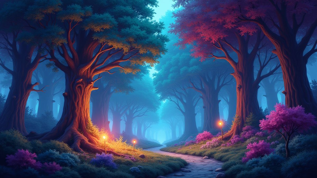 A magical forest filled with glowing trees and fantastic creatures.