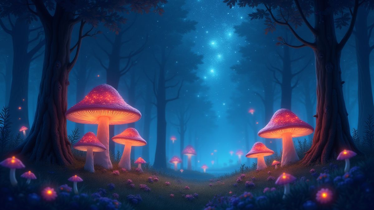 A magical forest with glowing mushrooms and bright stars in the sky.
