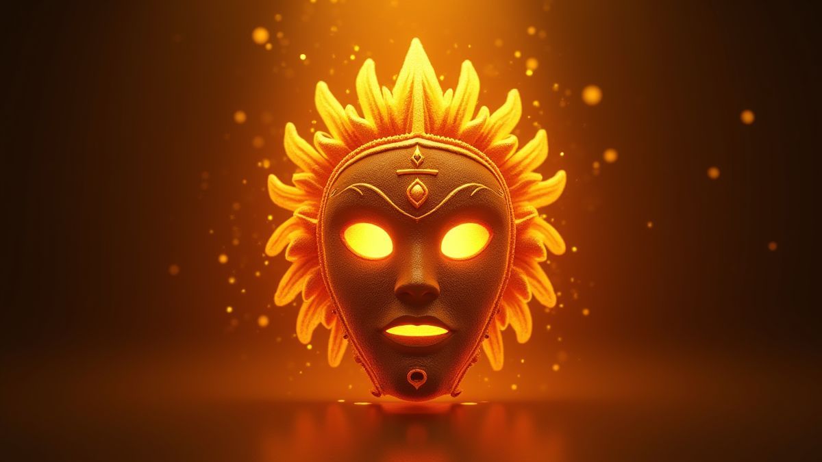 Una máscara tribal brillante rodeada de luz dorada, simbolizando premios y misterio.