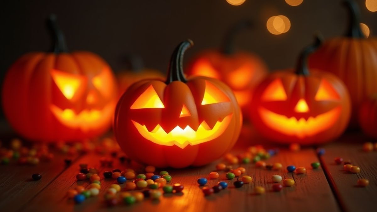 Glowing pumpkins and candy on a wooden table.