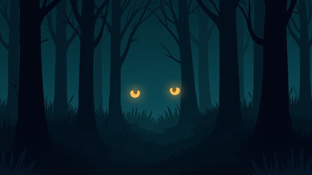 Dark forest with glowing eyes among the trees.