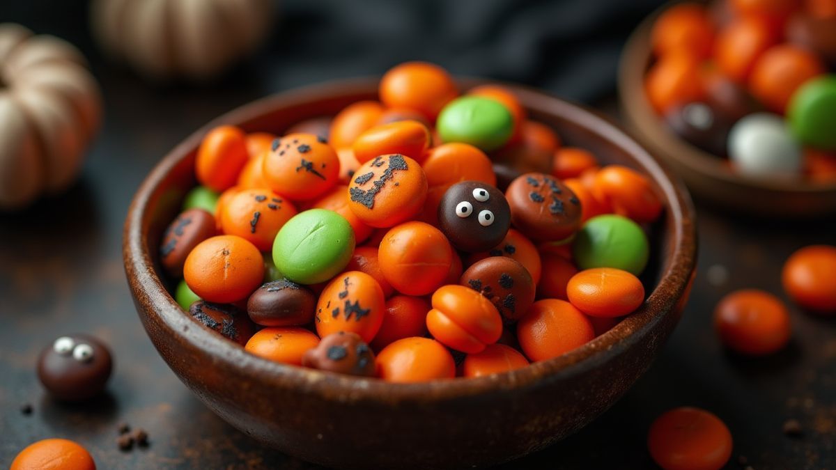 Um cuenco cheio de doces de Halloween com decorações assustadoras.