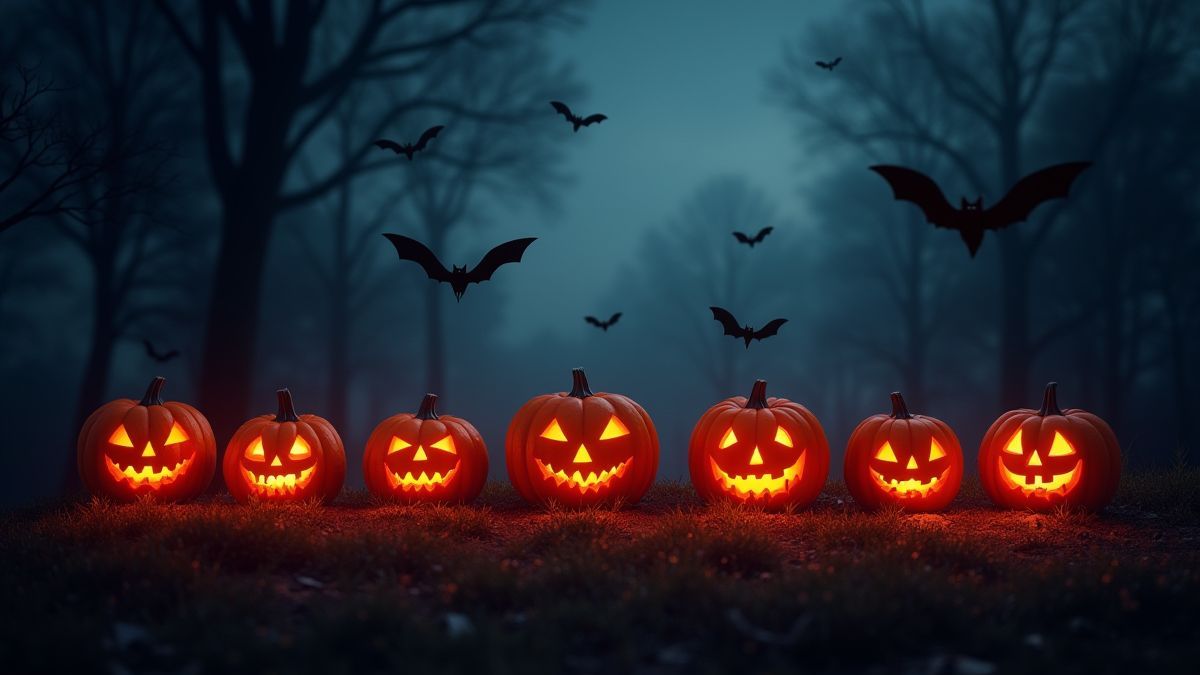 Uma noite de Halloween com abóboras iluminadas e morcegos voando no céu.