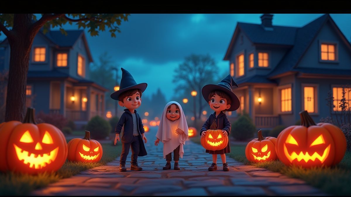 Un vecindario animado con temática de Halloween lleno de calabazas y niños disfrazados.