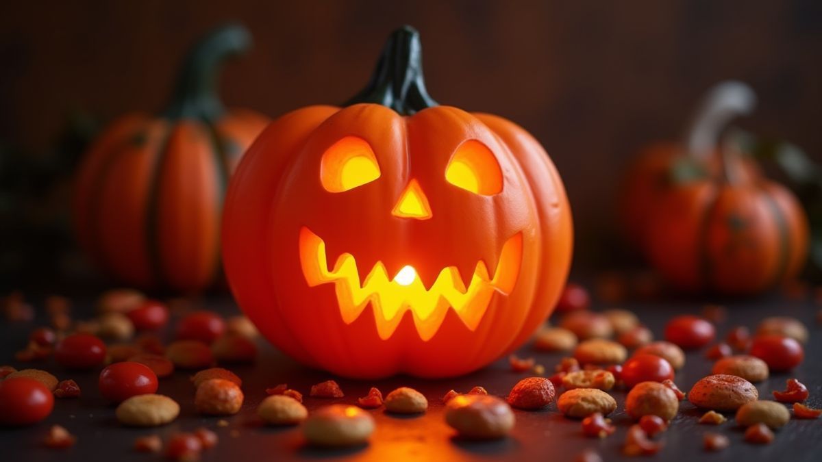 Un Jack-o-Lantern brillante rodeado de dulces y decoraciones de Halloween.