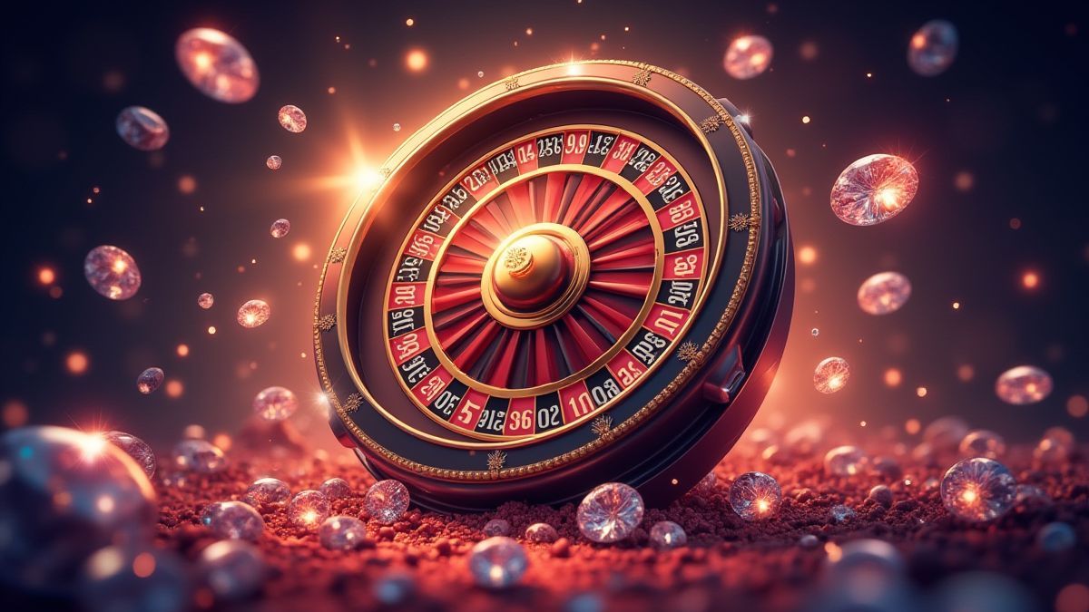 Glücksspielrad umgeben von Diamanten und Lichtern