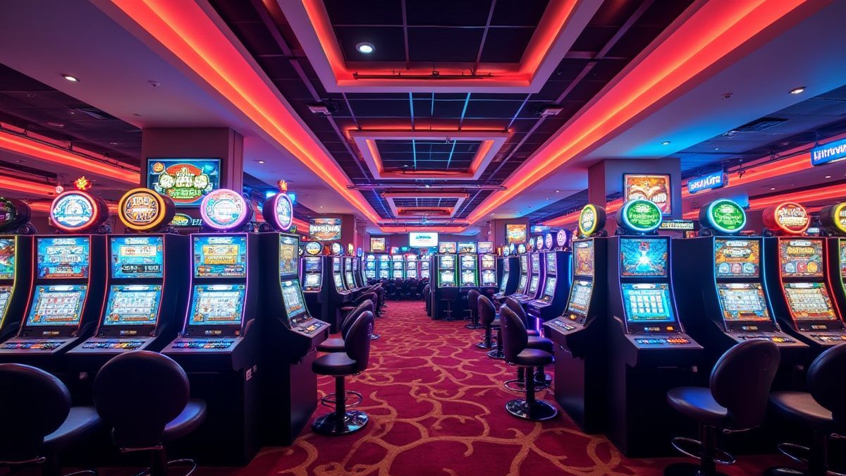 Scène d'un casino avec des lumières vibrantes et des machines à sous.