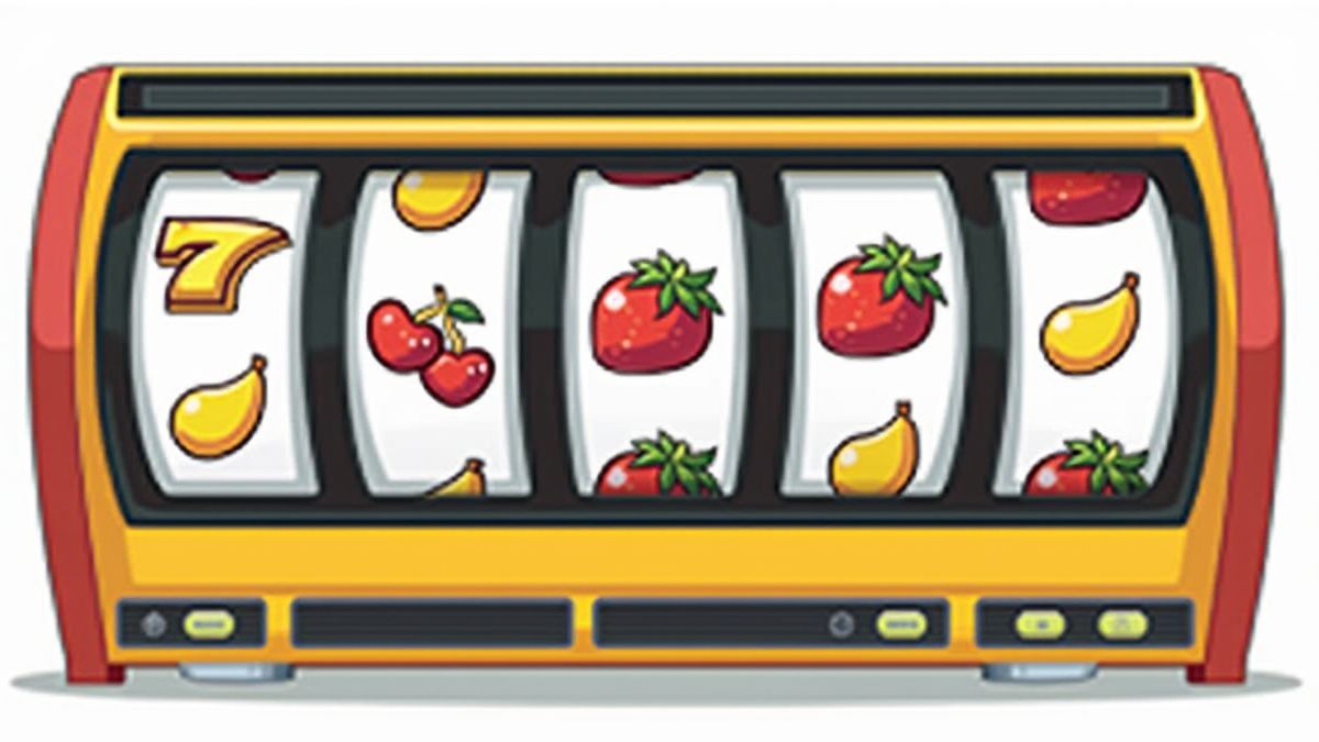 Interface van een slotmachine met 5 rollen en kleurrijke fruitsymbolen.