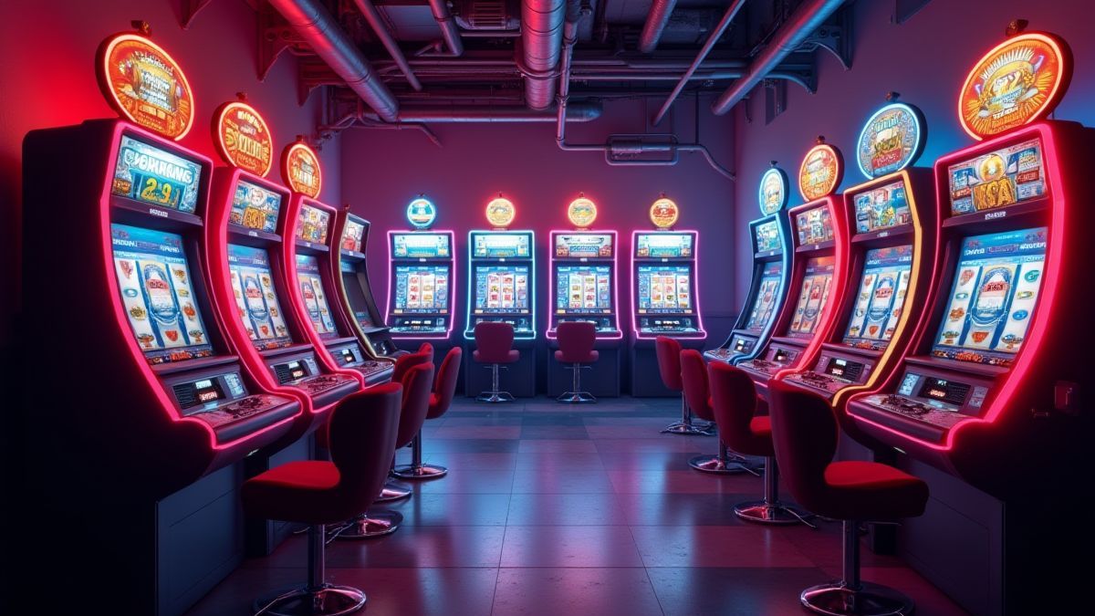 Retro-Arcade-Umgebung mit Spielautomaten.