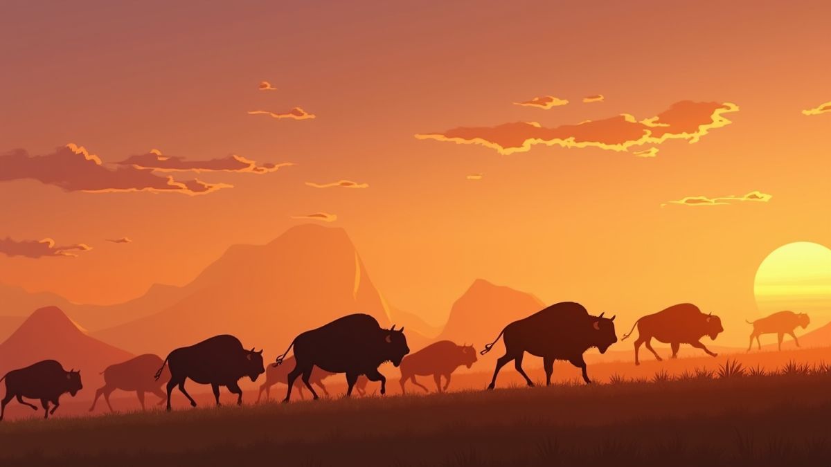 A group of buffalos running across a prairie during sunset.