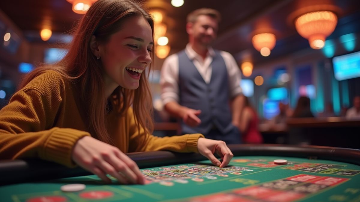 Aufgeregter Spieler, der eine Wette im Casino platziert.