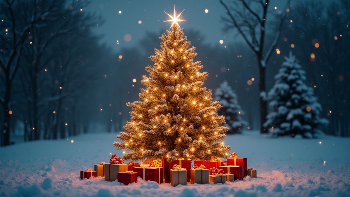Árbol de Navidad brillante rodeado de regalos en un paisaje nevado.