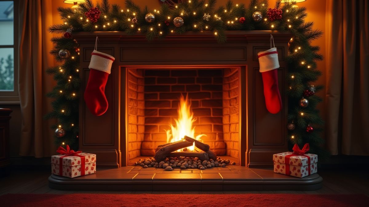 Chimenea acogedora con calcetines colgados y regalos cerca.