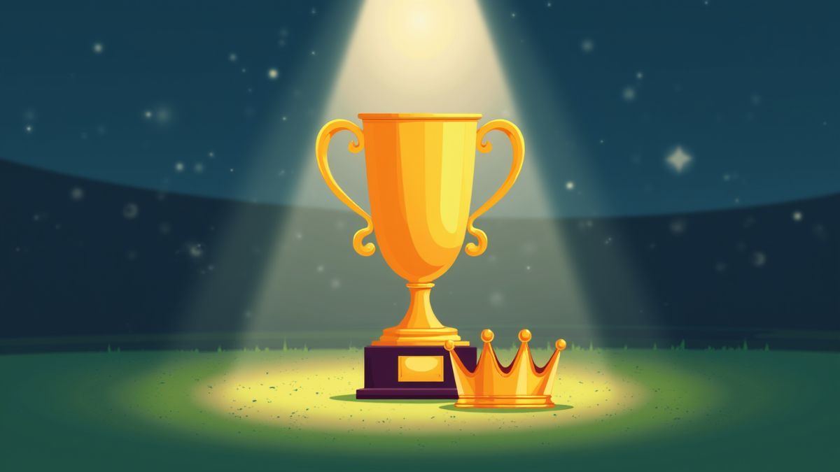 Troféu e coroa dourada iluminados em um cenário de corridas de cavalos.