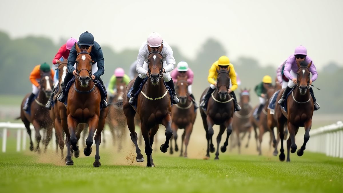 Corrida de cavalos com jockeys competindo em um campo verde.