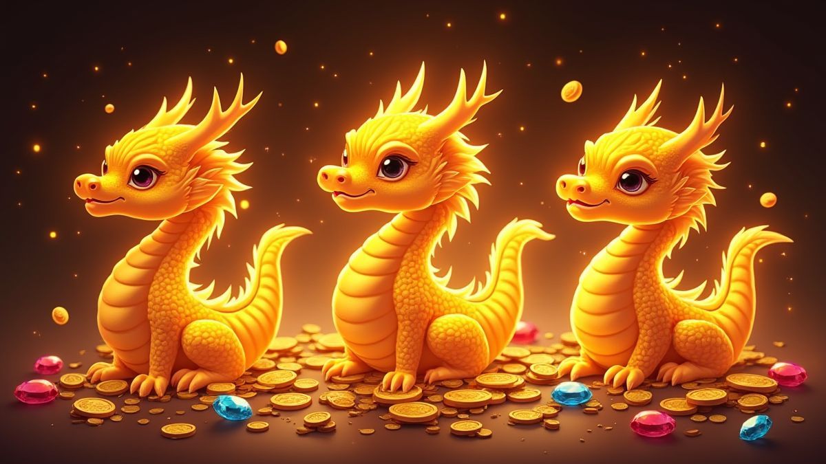 Drie gouden draken die stralen op een 3x3 slot rooster omringd door munten en edelstenen.