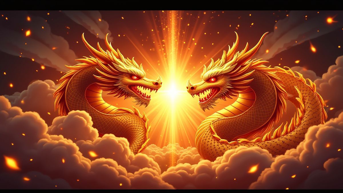 Respineffect met schitterende gouden draken en levendige animaties op het slotrooster.