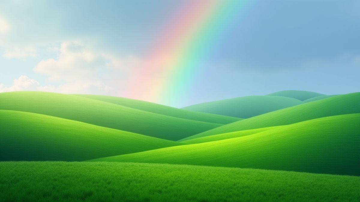 Green hills with a rainbow in the sky