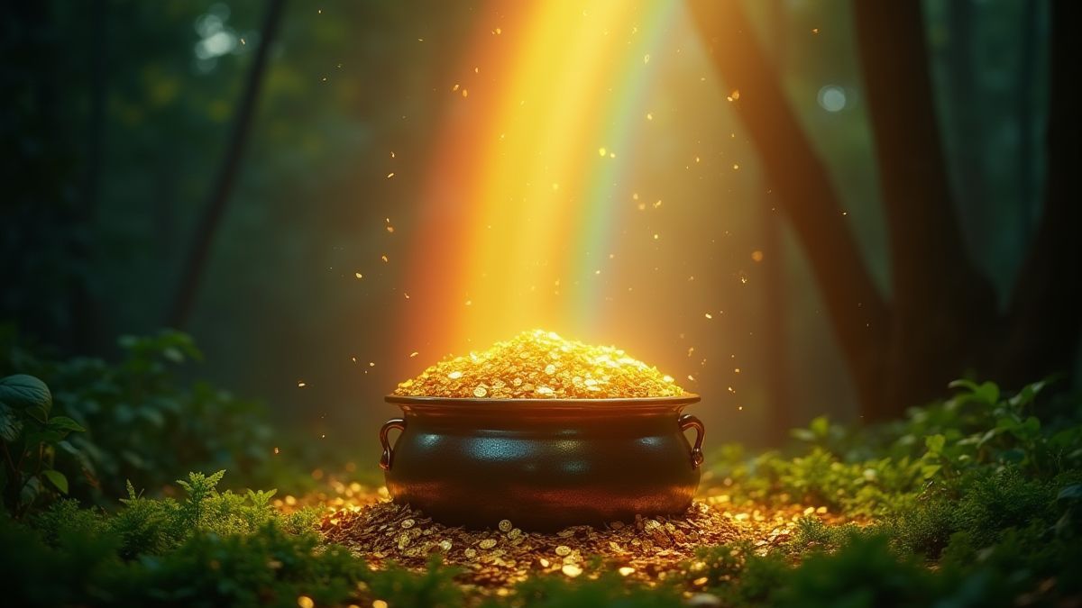 Glowing pot of gold at the end of a rainbow