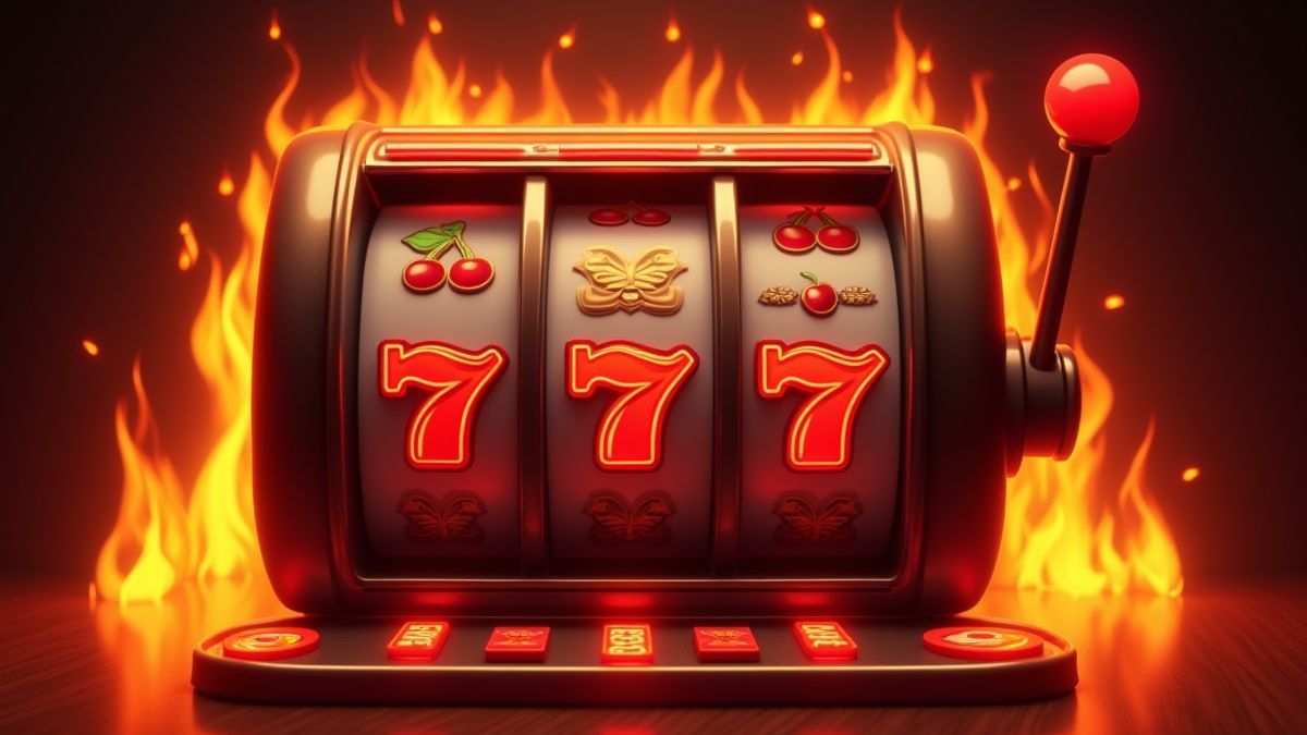 Retro slot machine surrounded by flames and classic symbols.